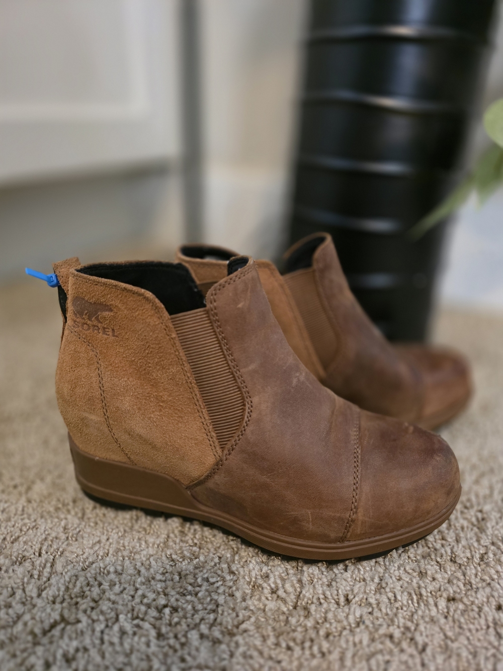 Sorel Brown Leather and Suede Chelsea Wedge Booties